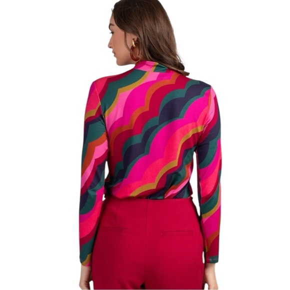 Trina Turk Pierce Long Sleeve Top Medium Teal Pink - Picture 2 of 7